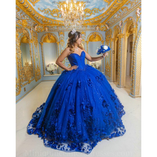 Sleeveless Vestidos De 15 Anos Royal Blue Quince Dress Sweetheart Neck Instagram Gowns 3D Flowers Birthday Party Dress