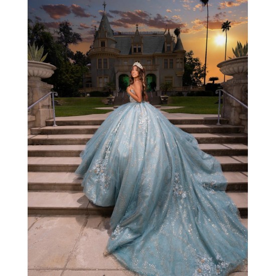 Sleeveless Aqua Blue Quinceanera Dress Sheer Bodice Sweet 15 Gowns Sequin Wear Pageant Sweetheart Neck Vestidos De 15 Anos With 3D Flowers