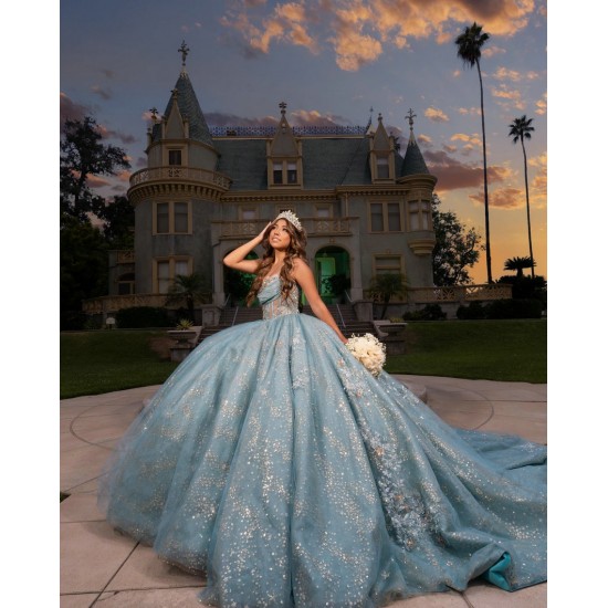 Sleeveless Aqua Blue Quinceanera Dress Sheer Bodice Sweet 15 Gowns Sequin Wear Pageant Sweetheart Neck Vestidos De 15 Anos With 3D Flowers