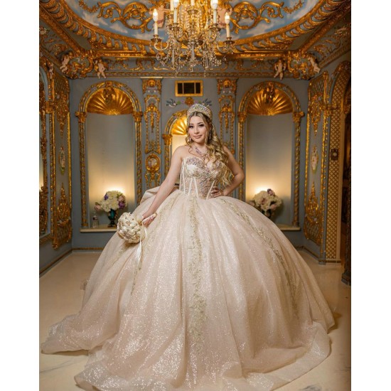 Sleeveless Champagne Quinceanera Dress Sequin Pearl Vestidos De 15 Anos Crystal Instagram Gown With Bow