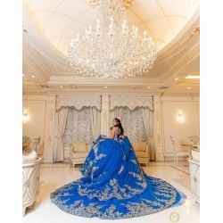 Spaghetti Strap Blue Quinceanera Dress Lace Appliques Tiered Vestidos De 15 Anos With Chapel Train