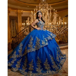 Spaghetti Strap Blue Quinceanera Dress Lace Appliques Tiered Vestidos De 15 Anos With Chapel Train