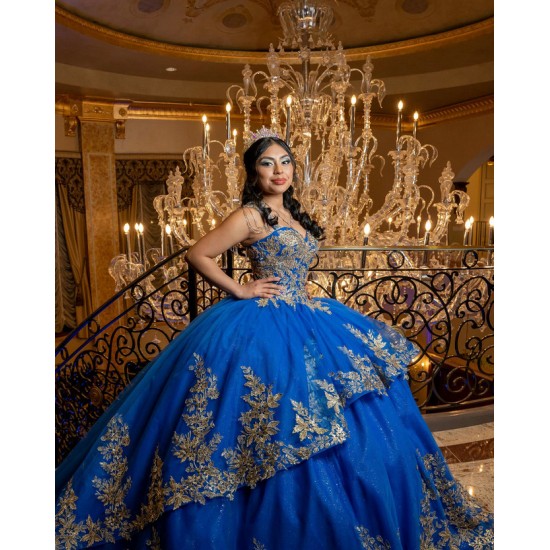 Spaghetti Strap Blue Quinceanera Dress Lace Appliques Tiered Vestidos De 15 Anos With Chapel Train