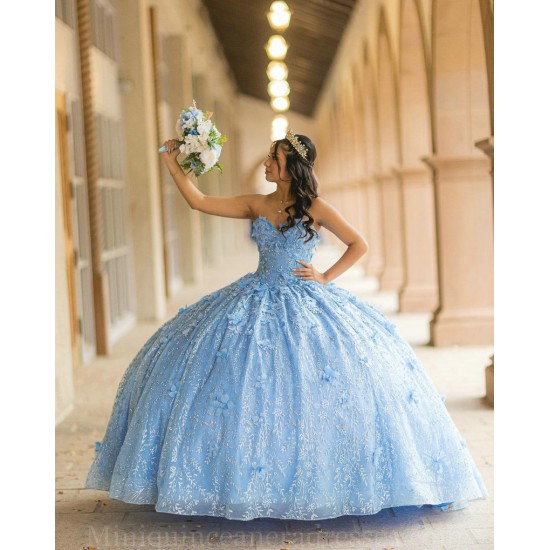 Sweetheart Neck Sky Blue Quince Dresses Sleeveless Birthday Party Dress Lace Appliques Vestidos De 15 Anos 2024 Instagram Gowns