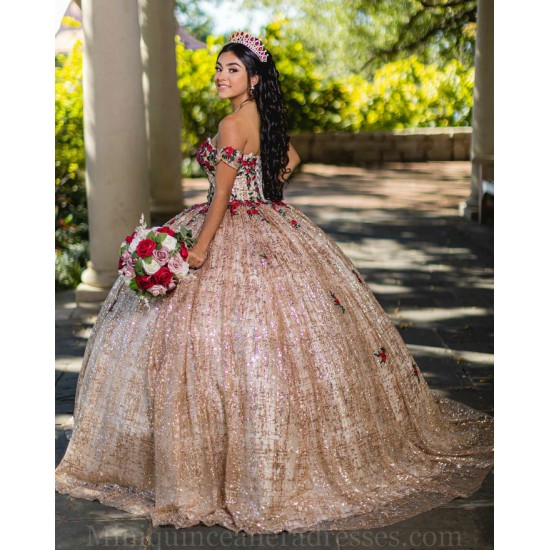 Sweetheart Neck Vestidos De 15 Anos Rose Gold Quince Dress Off Shoulder Instagram Gowns With 3D Flowers