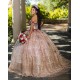 Sweetheart Neck Vestidos De 15 Anos Rose Gold Quince Dress Off Shoulder Instagram Gowns With 3D Flowers