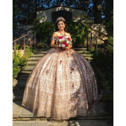 Sweetheart Neck Vestidos De 15 Anos Rose Gold Quince Dress Off Shoulder Instagram Gowns With 3D Flowers