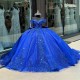 Sweetheart Neck Blue Quinceanera Dress Sweet 15 Gowns Sequin XV Anos Lace Appliques Off Shoulder Vestidos De 15 Anos With Bow