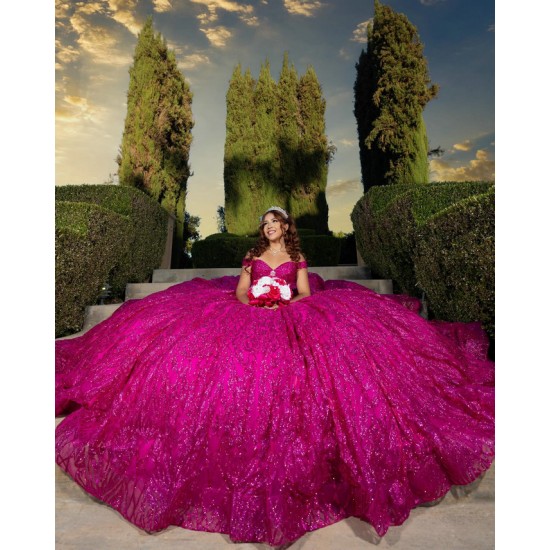 Sweetheart Neck Fuchsia Quinceanera Dress Sequin Vestidos De 15 Anos Off Shoulder Instagram Gown