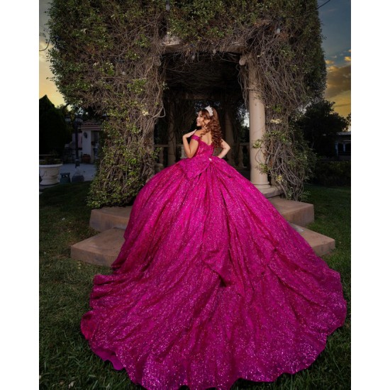 Sweetheart Neck Fuchsia Quinceanera Dress Sequin Vestidos De 15 Anos Off Shoulder Instagram Gown