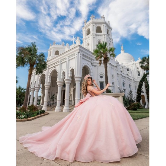 Sweetheart Neck Quinceanera Dress Pink Vestidos De 15 Anos Off Shoulder Lace Appliques Sweet 15 Gowns With Bow