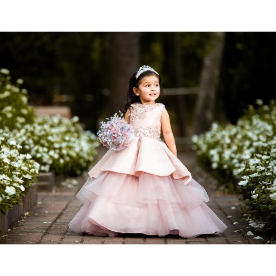 Tiered Sleeveless Pink Little Girl Dresses With 3D Flowers