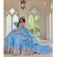 Tiered Blue Quince Dress Princess Sweet 15 16 Years Old Birthday Party Gown Crystal Vestidos De 15 Anos