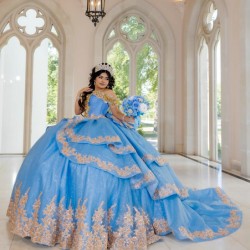 Tiered Blue Quince Dress Princess Sweet 15 16 Years Old Birthday Party Gown Crystal Vestidos De 15 Anos