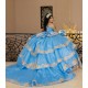 Tiered Blue Quince Dress Princess Sweet 15 16 Years Old Birthday Party Gown Crystal Vestidos De 15 Anos