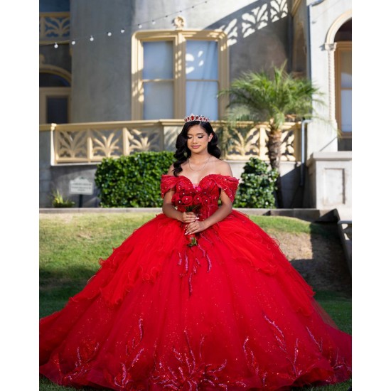 Tiered Off Shoulder Quince Dress Red Vestidos De 15 Anos Sweetheart Neck Birthday Party Dress