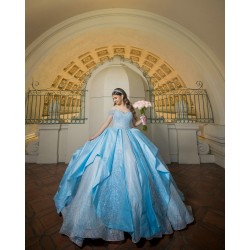 Tiered Vestidos De 15 Anos Sweetheart Neck Sky Blue Quinceanera Dress Sequin Off Shoulder Sweet 15 Gowns