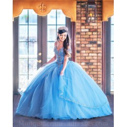 V Neck Sky Blue Quince Dress Spaghetti Strap 15 Anos Crystal Sleeveless 15 Year Old Birthday Party Gowns