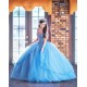 V Neck Sky Blue Quince Dress Spaghetti Strap 15 Anos Crystal Sleeveless 15 Year Old Birthday Party Gowns