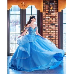 V Neck Sky Blue Quince Dress Spaghetti Strap 15 Anos Crystal Sleeveless 15 Year Old Birthday Party Gowns