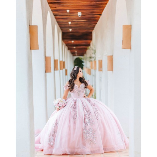 V Neck Pink Quince Dress 15 Anos Lace Appliques Sequin Women 2024 Ball Gown Off Shoulder Girl Birthday Gowns