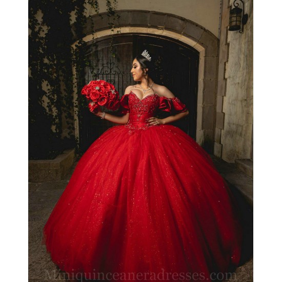 Vestidos De 15 Anos Red Quince Dress Sweetheart Neck Instagram Gowns Lace Appliques Off Shoulder Birthday Party Dress