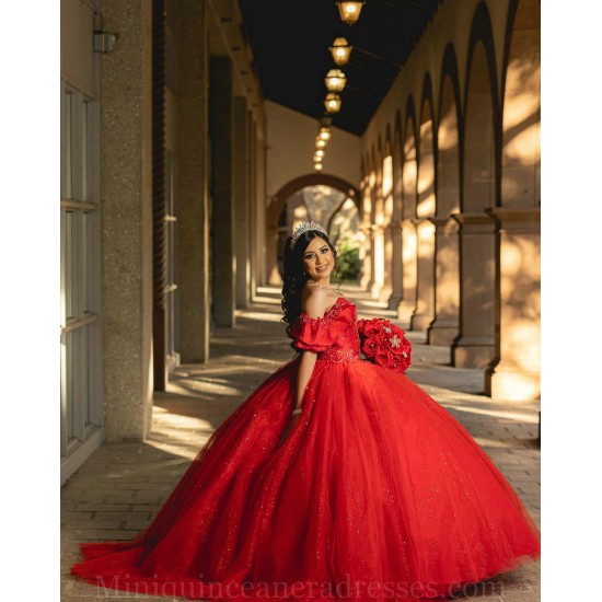 Vestidos De 15 Anos Red Quince Dress Sweetheart Neck Instagram Gowns Lace Appliques Off Shoulder Birthday Party Dress