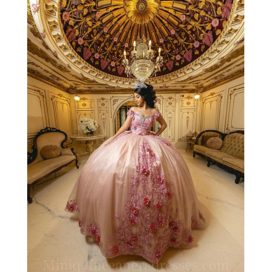 Vestidos De 15 Anos Sweetheart Neck Pink Quinceanera Dress 3D Flowers Sweet 15 Gowns Off Shoulder 2024 Instagram Gowns