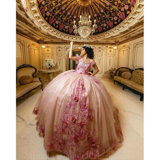 Vestidos De 15 Anos Sweetheart Neck Pink Quinceanera Dress 3D Flowers Sweet 15 Gowns Off Shoulder 2024 Instagram Gowns