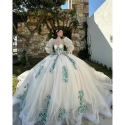 Sweetheart Neck White Quinceanera Dresses 2024 Ball Gown Princess Dress Green Lace Appliques Two Piece Vestidos De 15 Anos