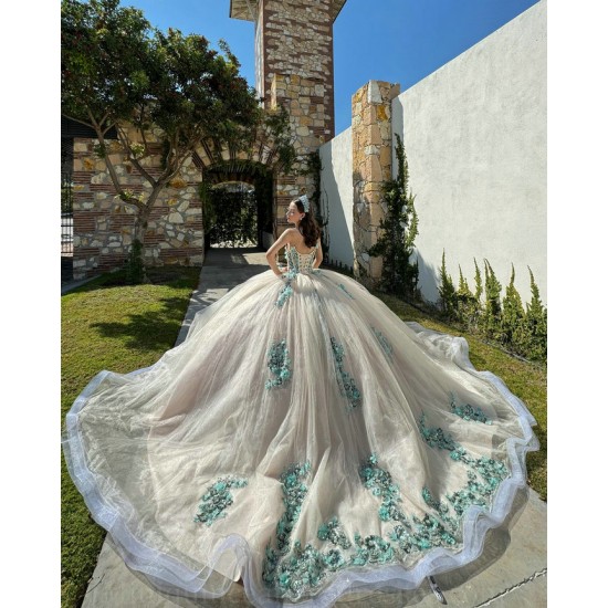 Sweetheart Neck White Quinceanera Dresses 2024 Ball Gown Princess Dress Green Lace Appliques Two Piece Vestidos De 15 Anos