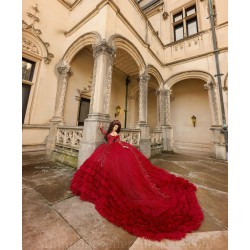 Detachable Ruffled Burgundy Quince Dress Sweetheart Neck Instagram Gowns Lace Appliques Vestidos De 15 Anos Birthday Party Dresses