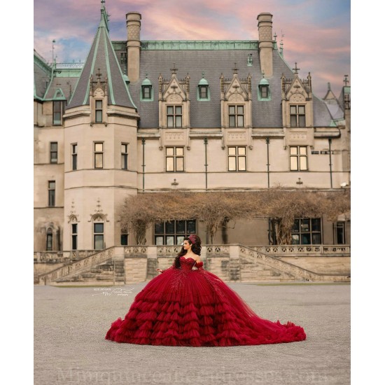 Detachable Ruffled Burgundy Quince Dress Sweetheart Neck Instagram Gowns Lace Appliques Vestidos De 15 Anos Birthday Party Dresses