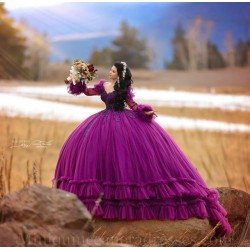 Long Sleeve Purple Quince Dress Sweetheart Neck Instagram Gowns Ruffled Birthday Party Dresses Lace Appliques Vestidos De 15 Anos