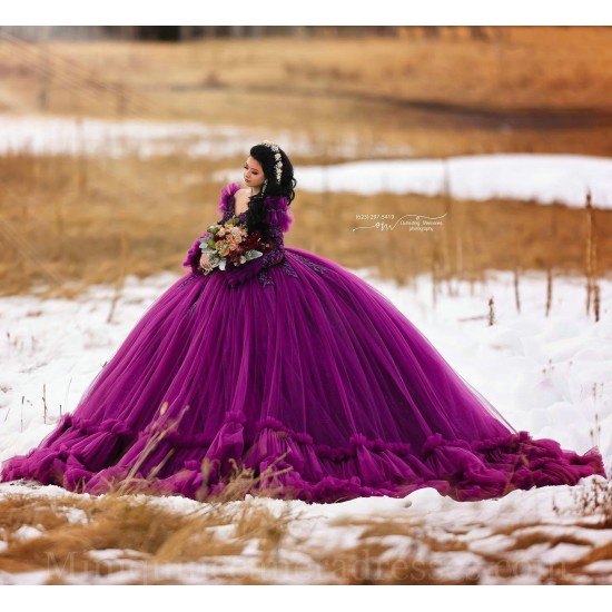 Long Sleeve Purple Quince Dress Sweetheart Neck Instagram Gowns Ruffled Birthday Party Dresses Lace Appliques Vestidos De 15 Anos