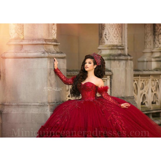 Long Sleeve Red Quince Dress Lace Appliques Vestidos De 15 Anos Sweetheart Neck Instagram Gowns Ruffled Birthday Party Dresses