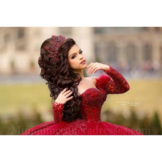 Long Sleeve Red Quince Dress Lace Appliques Vestidos De 15 Anos Sweetheart Neck Instagram Gowns Ruffled Birthday Party Dresses