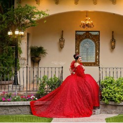 Long Sleeve Red Quince Dress Lace Appliques Vestidos De 15 Anos V Neck Instagram Gowns Birthday Party Dresses