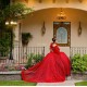 Long Sleeve Red Quince Dress Lace Appliques Vestidos De 15 Anos V Neck Instagram Gowns Birthday Party Dresses