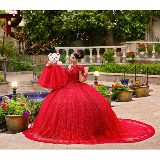 Long Sleeve Red Quince Dress Lace Appliques Vestidos De 15 Anos V Neck Instagram Gowns Birthday Party Dresses