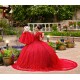 Long Sleeve Red Quince Dress Lace Appliques Vestidos De 15 Anos V Neck Instagram Gowns Birthday Party Dresses