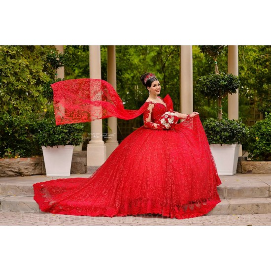 Long Sleeve Red Quince Dress Lace Appliques Vestidos De 15 Anos V Neck Instagram Gowns Birthday Party Dresses