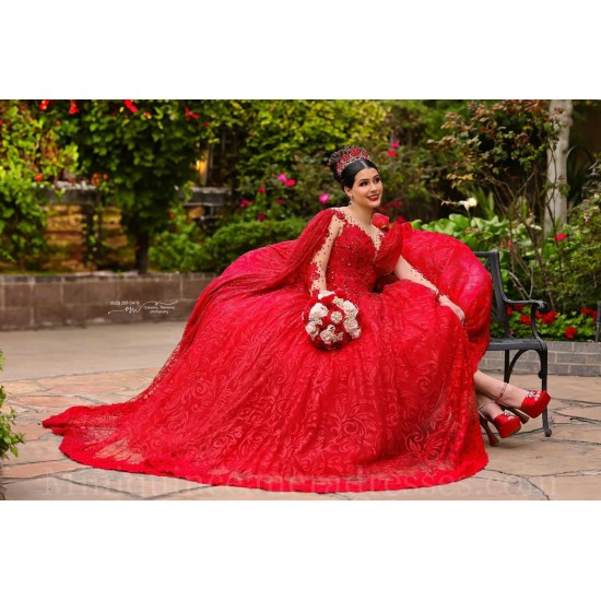 Long Sleeve Red Quince Dress Lace Appliques Vestidos De 15 Anos V Neck Instagram Gowns Birthday Party Dresses