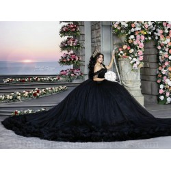 Off Shoulder Black Quince Dress Vestidos De 15 Anos V Neck Instagram Gowns Tiered Birthday Party Dresses