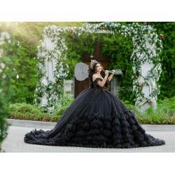 Off Shoulder Black Quince Dress Vestidos De 15 Anos V Neck Instagram Gowns Tiered Birthday Party Dresses