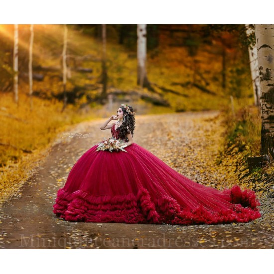 Off Shoulder Burgundy Quince Dress V Neck Instagram Gowns Birthday Party Dresses Ruffled Vestidos De 15 Anos