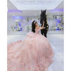 Off Shoulder Pink Quince Dress Sweetheart Neck Instagram Gowns 3D Flowers Vestidos De 15 Anos Birthday Party Dresses