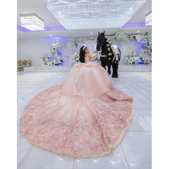 Off Shoulder Pink Quince Dress Sweetheart Neck Instagram Gowns 3D Flowers Vestidos De 15 Anos Birthday Party Dresses