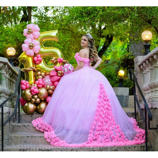 Off Shoulder Pink Quince Dress Sweetheart Neck Instagram Gowns Birthday Party Dresses Vestidos De 15 Anos With 3D Flowers