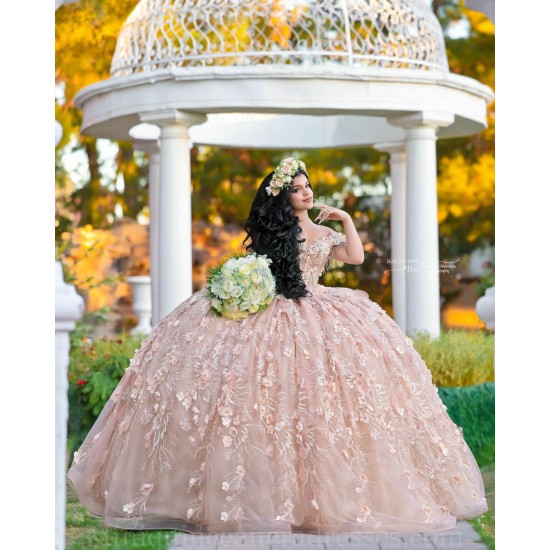 Off Shoulder Rose Gold Quince Dress Vestidos De 15 Anos Sweetheart Neck Instagram Gowns Birthday Party Dresses With 3D Flowers